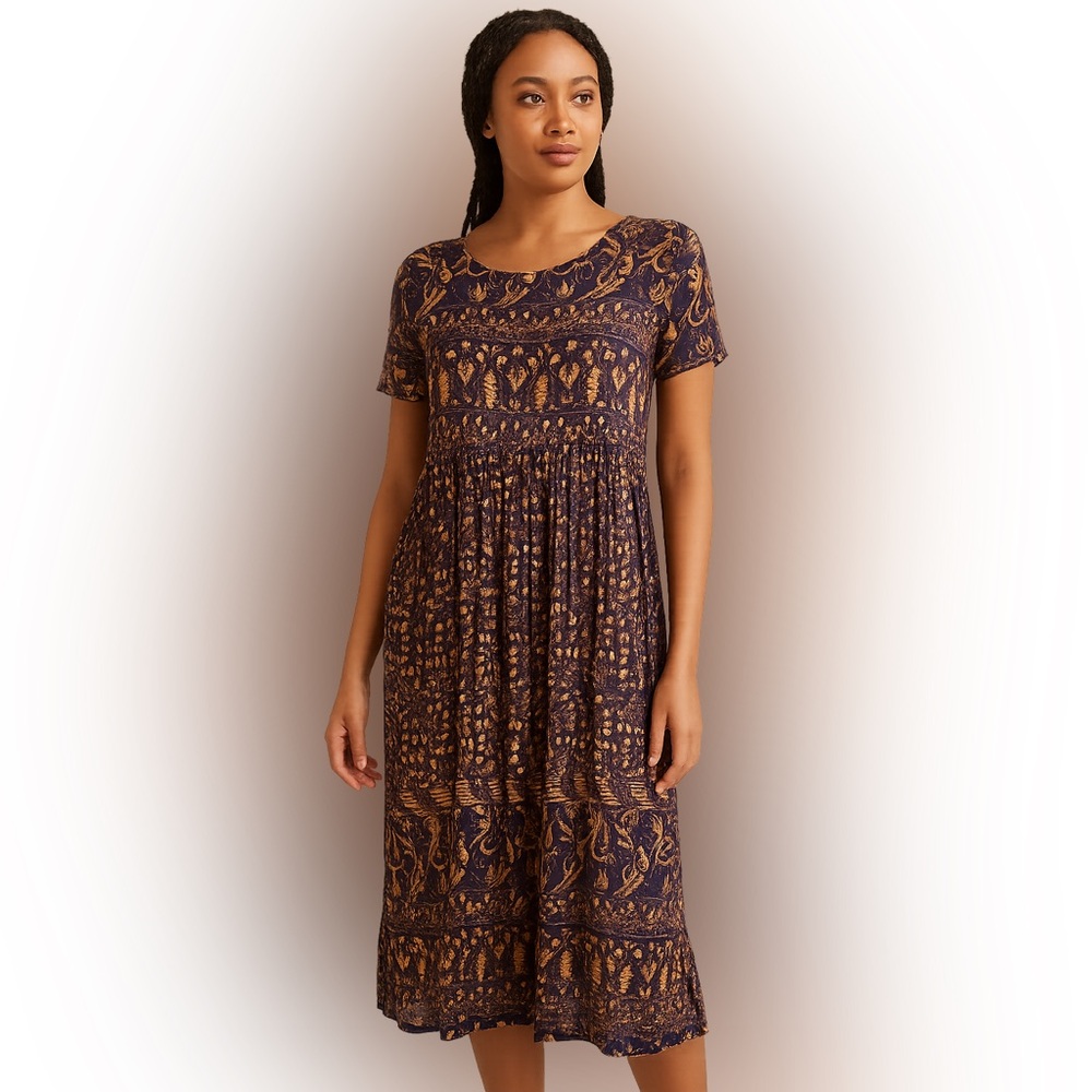 Vintage Boho Printed Short-Sleeve Midi Dress - Brown & Navy   Size Large